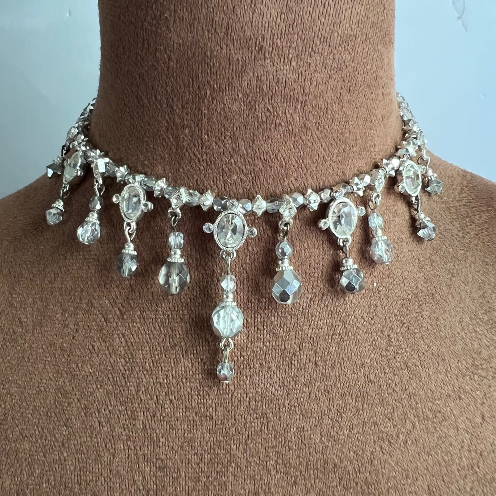 1928 Jewelry Silver Tone Crystal  Choker Necklace Adjustable 13-18in Victorian